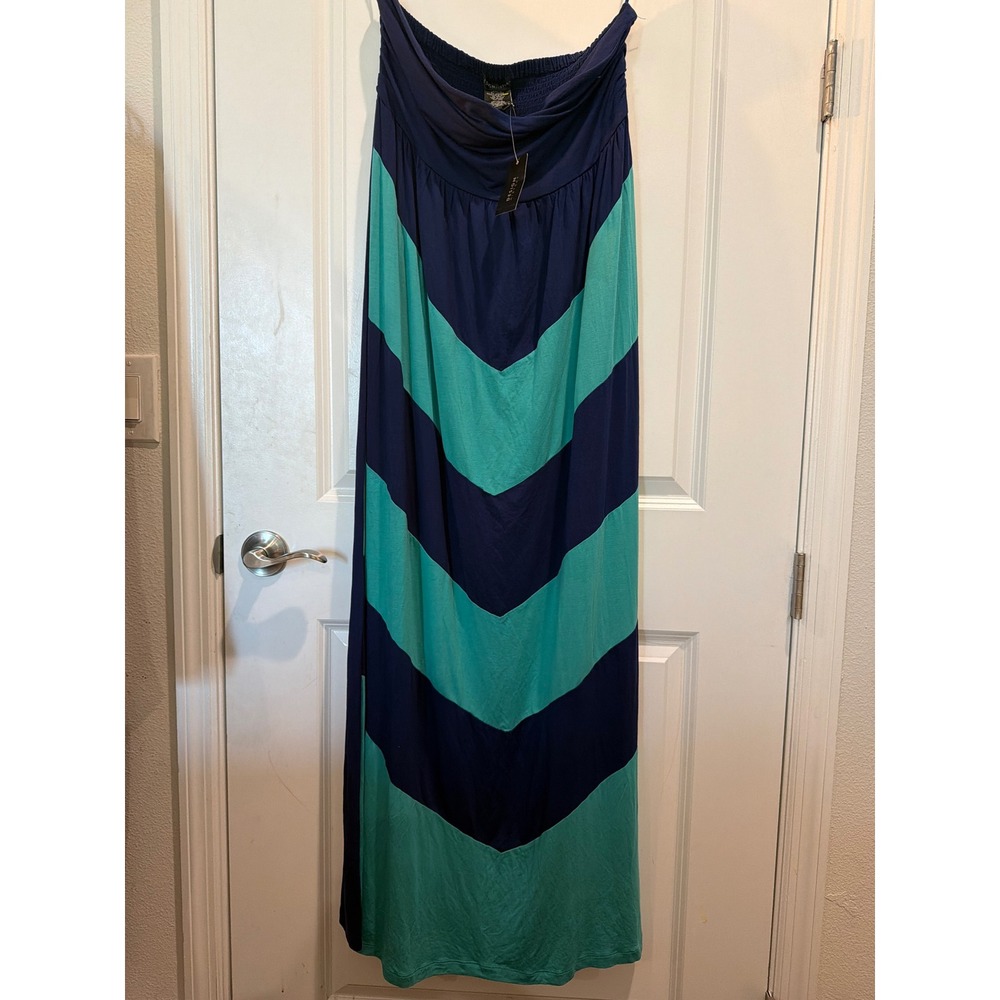 Design History Navy Teal Chevron Colorblock Strapless Maxi Dress XL NWT
